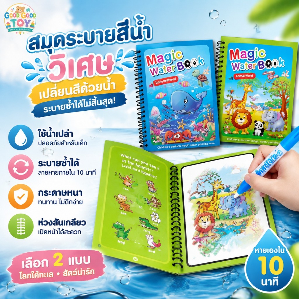 สมุดระบายสีเด็ก เด็กหนังสือระบายสีน้ำวิเศษ ระบายสี กราฟฟิตีซ้ำ สมุดระบายสี ของเล่นเด็ก Magic Water Book
