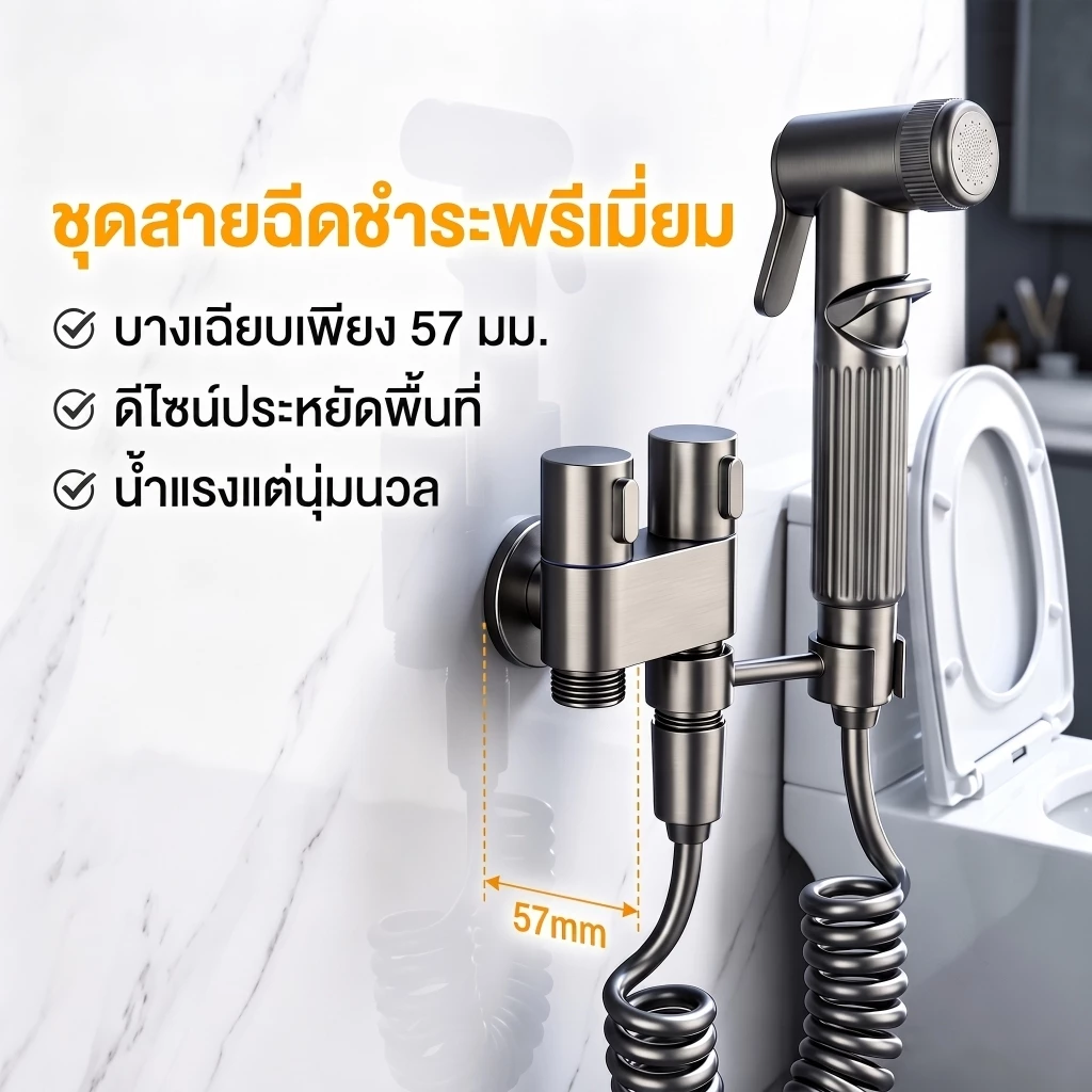 ชุดหัวฉีดชำระแรงดันสูง วาล์วน้ำ 2 ทาง ควบคุมอิสระ สายสปริง 2 เมตร สีเทากันเมทัล อุปกรณ์ห้องน้ำ