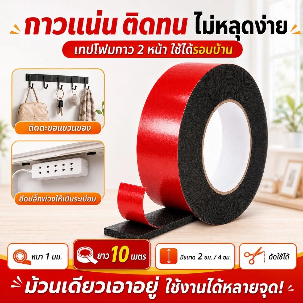เทปโฟม เทปกาวสองหน้า ยาว10เมตร ไร้รอย ไม่ทิ้งคราบกาว ใช้ติดผนัง รถยนต์ กระจก กระเบื้อง กันน้ำ แรงยึดสูง ม่หลุดล่อน