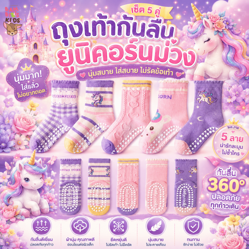 Bambilis : พร้อมส่ง ถุงเท้าเด็ก ถุงเท้าเด็กกันลื่น 1 แพคมี 5 คู่ ลายยูนิคอร์นม่วง