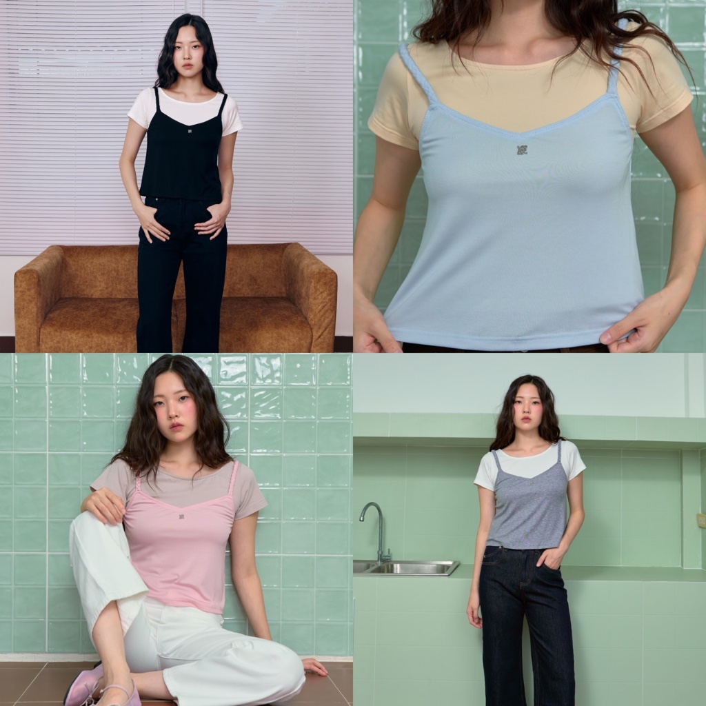 CHUUCHOP | S-4XL | Sydney Layer Top เสื้อเลเยอร์ผู้หญิง 2 ชิ้น เสื้อยืดพร้อมเสื้อสายเดี่ยว แยกใส่ได้ แมตช์ง่าย (C8611)