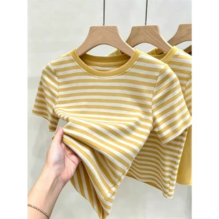 เสื้อยืดสีแดงลายทางสไตล์เกาหลี ผ้าคอตตอนคุณภาพดี ใส่สบายไม่ร้อน เหมาะใส่ทุกวัน