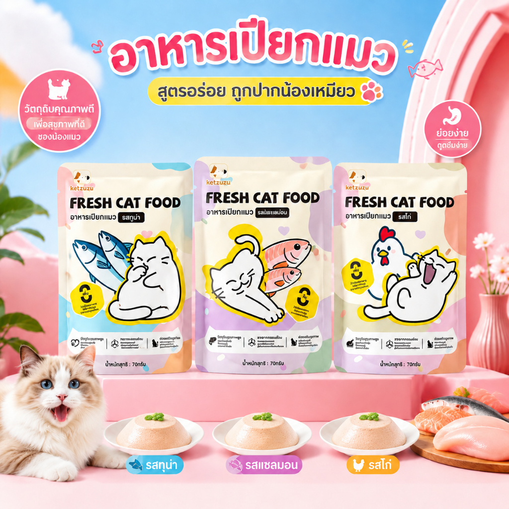 【Ketzuzu】[12/24/48 ซอง]อาหารแมวเปียก เนื้อเนียนละเอียด บำรุงขนเงางาม โปรตีนสูง ขนมแมวรสแซลมอน ทูน่า ไก่ อาหารเปียกลูกแมว