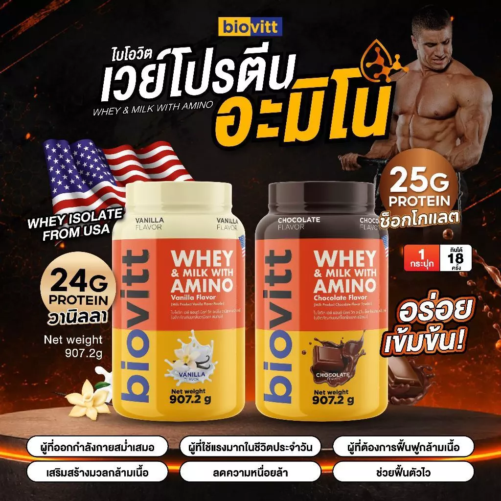 Biovitt Whey Protein Isolate & Milk with Amino ไบโอวิต เวย์โปรตีน ไอโซเลท / เวย์อะมิโน โปรตีนสูง 25-36g