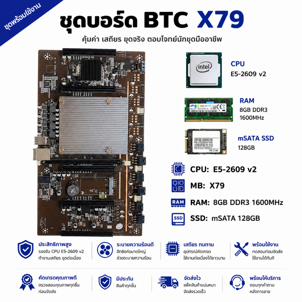 ⚡️มีส่งด่วนภายในวัน⚡️เซ็ตขุด5การ์ด Mining CPU E5 2509 v2 + MB X79 5VGA + RAM 8GB ครบชุด +SSD128GB