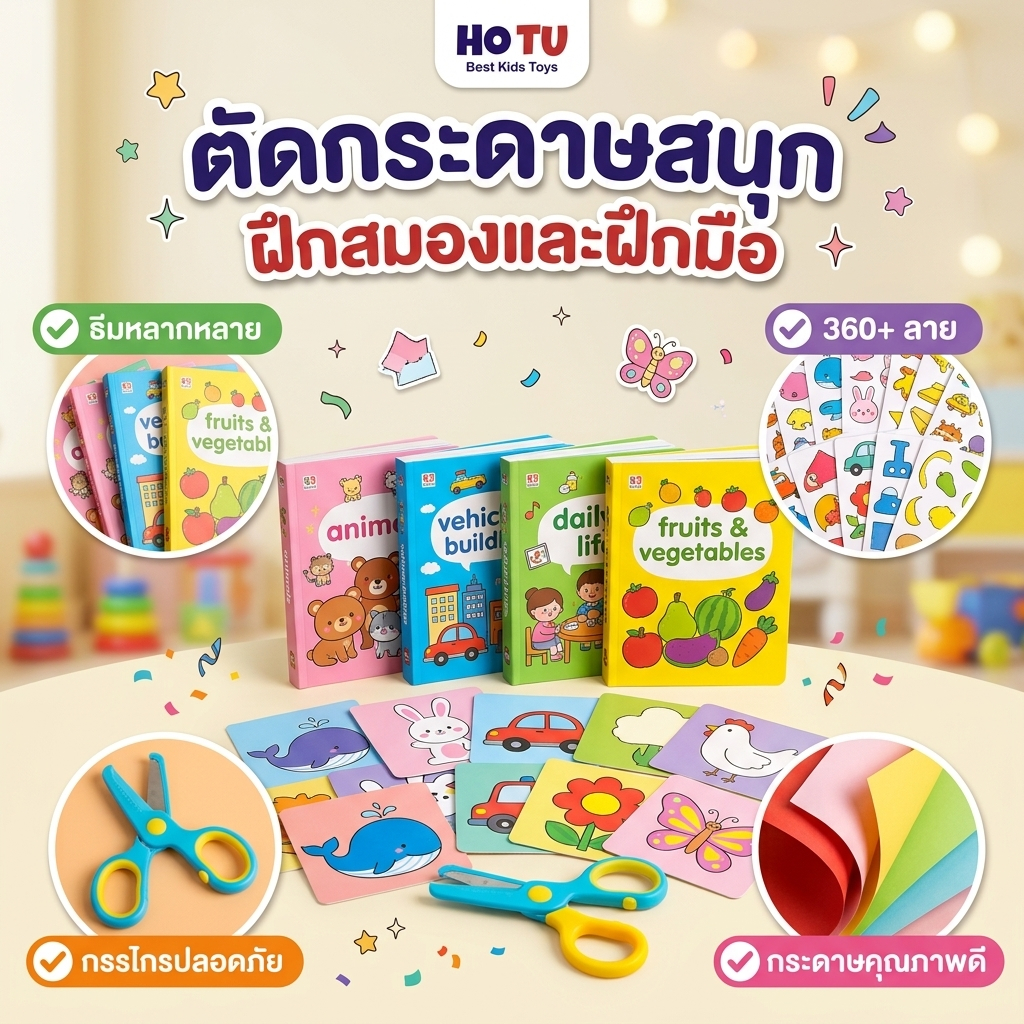 HOTU Toy ชุดตัดกระดาษเด็ก กรรไกรปลอดภัย หัวกลมไม่เจ็บมือ เด็กอนุบาล ฝึกทักษะมือละเอียด สร้างสรรค์ ของเล่นเสริมพัฒนาการ