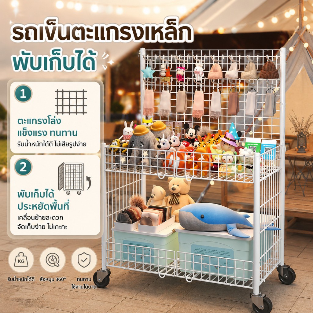 รถเข็นขายของตลาดนัดพับได้ มีล้อ พร้อมตะขอแขวน พกพาง่าย เคลื่อนย้ายสะดวก แข็งแรง