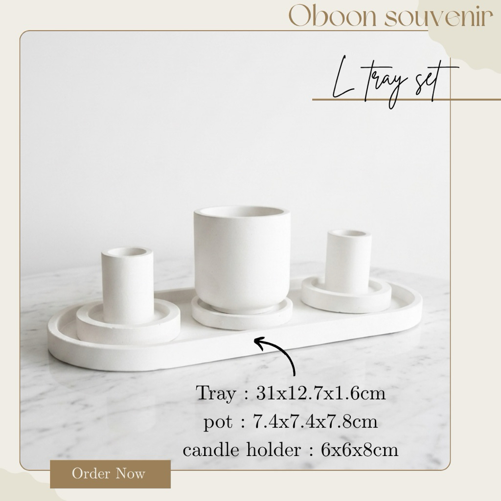เซทเชิงเทียนกระถางทรงสูง สีขาว,เบจ/แต่งแผ่นทอง L TRAY SET พร้อมถาดใหญ่ สไตล์มินิมอล ครบชุด 4 ชิ้น / รอสินค้า 5-7 วัน