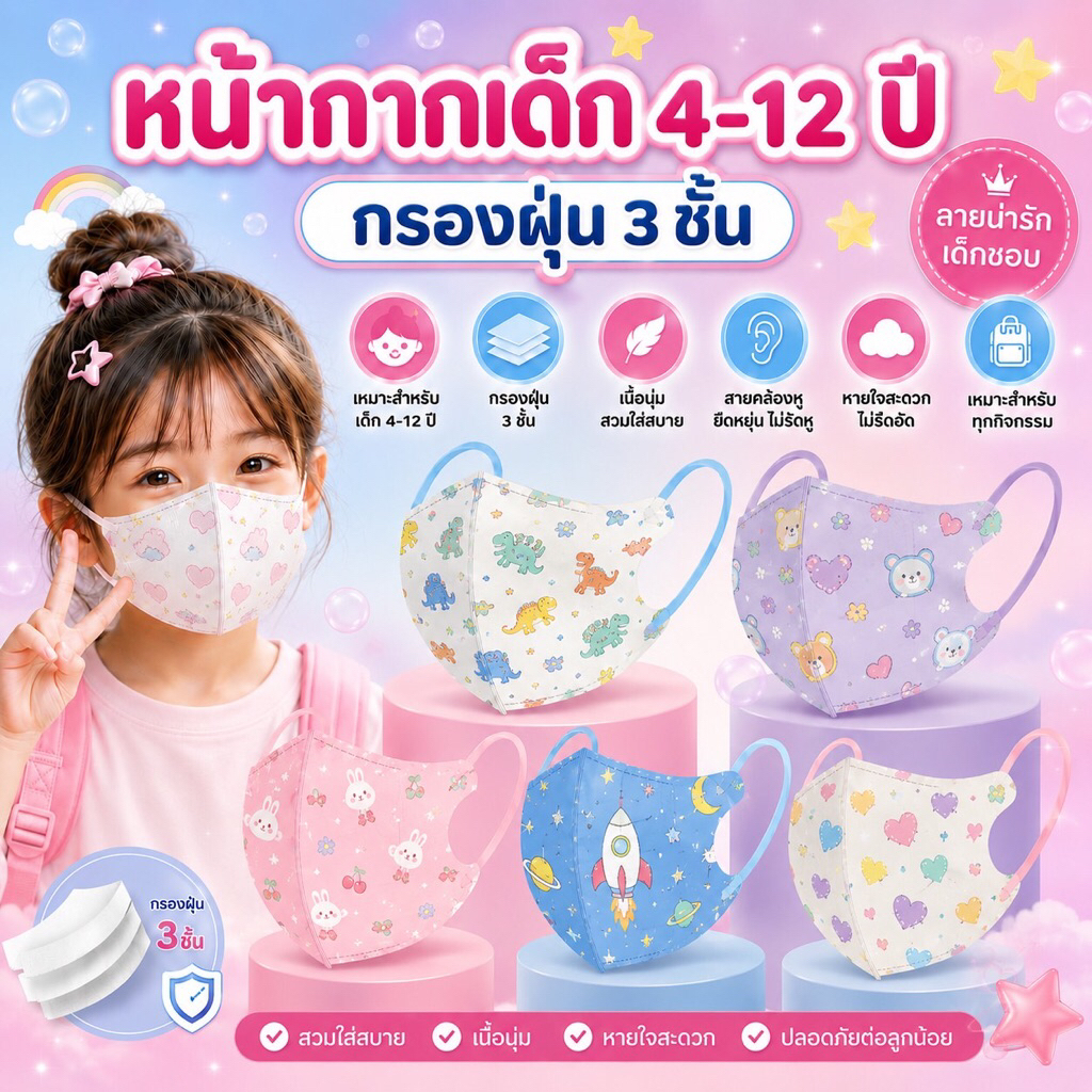 พร้อมส่ง🇹🇭กทม หน้ากากอนามัย เด็ก 4-12 ปี กรองฝุ่นละออง 3 ชั้น จำนวน 1 แพค(มี 10 ชิ้น) ซีลแยกทุกชิ้น เลือกลายได้