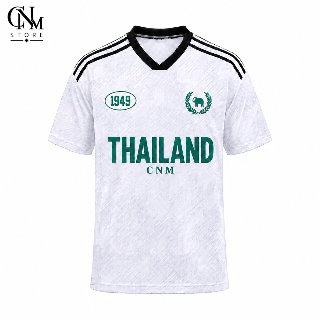 เสื้อฟุตบอลแฟชั่น CNM Thailand 1949 รุ่นเรโทร คอวีแขนสั้น ลายช้างไทย พร้อมเบอร์ 10 ด้านหลัง สีขาว สไตล์สปอร์ต