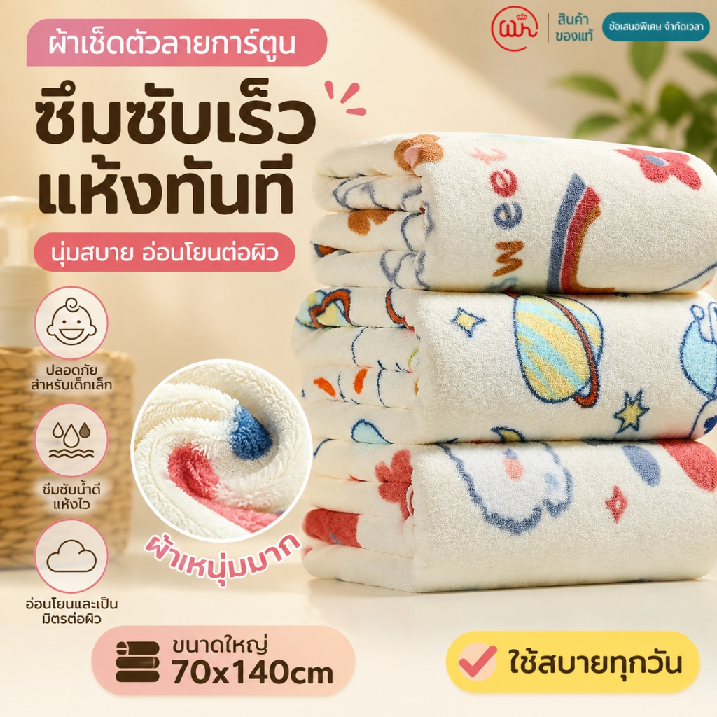 【WH】ผ้าเช็ดตัวการ์ตูน 70x140cm ผ้าขนหนูผืนใหญ่ ไมโครไฟเบอร์ นุ่มพิเศษ ซับน้ำไว แห้งเร็ว ไม่เป็นขุย สำหรับอาบน้ำ