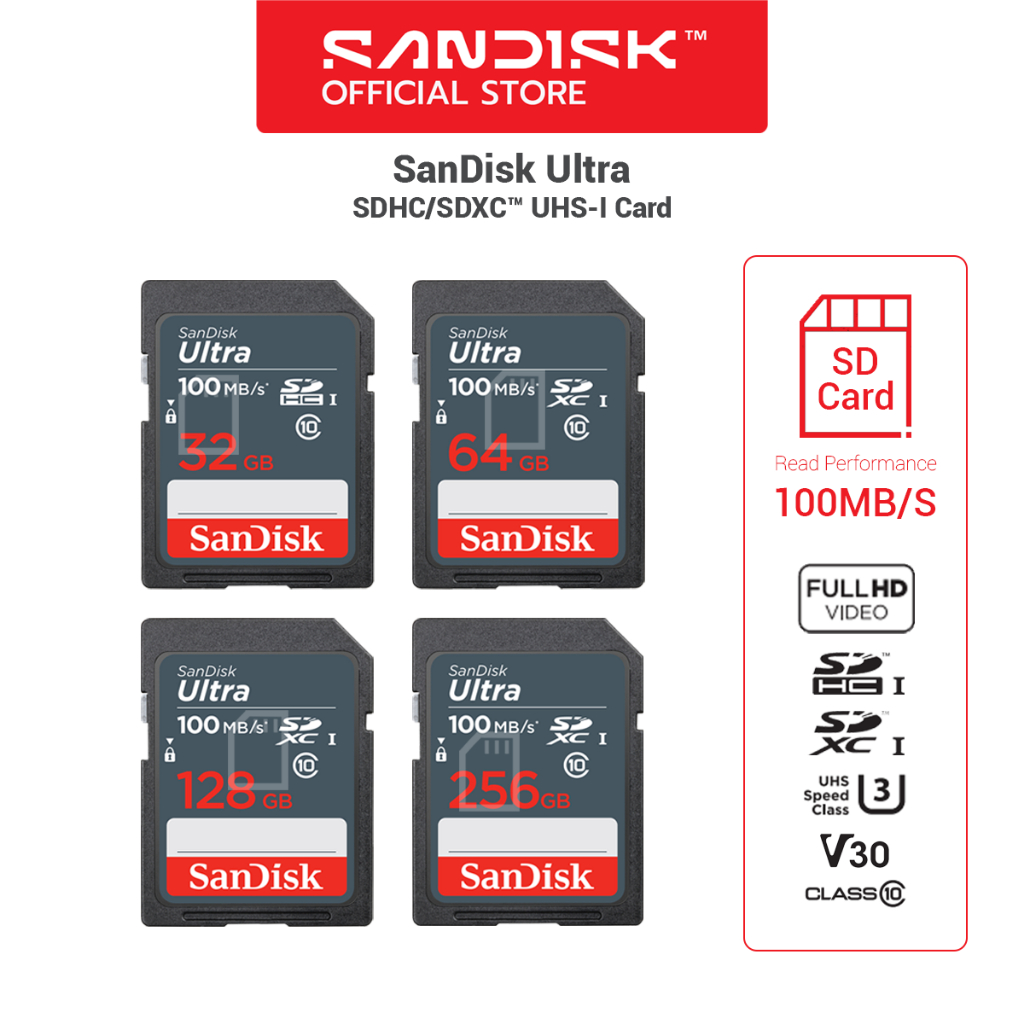 SanDisk Ultra SD Card Class10 32GB/64GB/128GB (SDSDUNR)SDCARD กล้องมิลเลอร์เลส DSLR ประกัน 7ปี