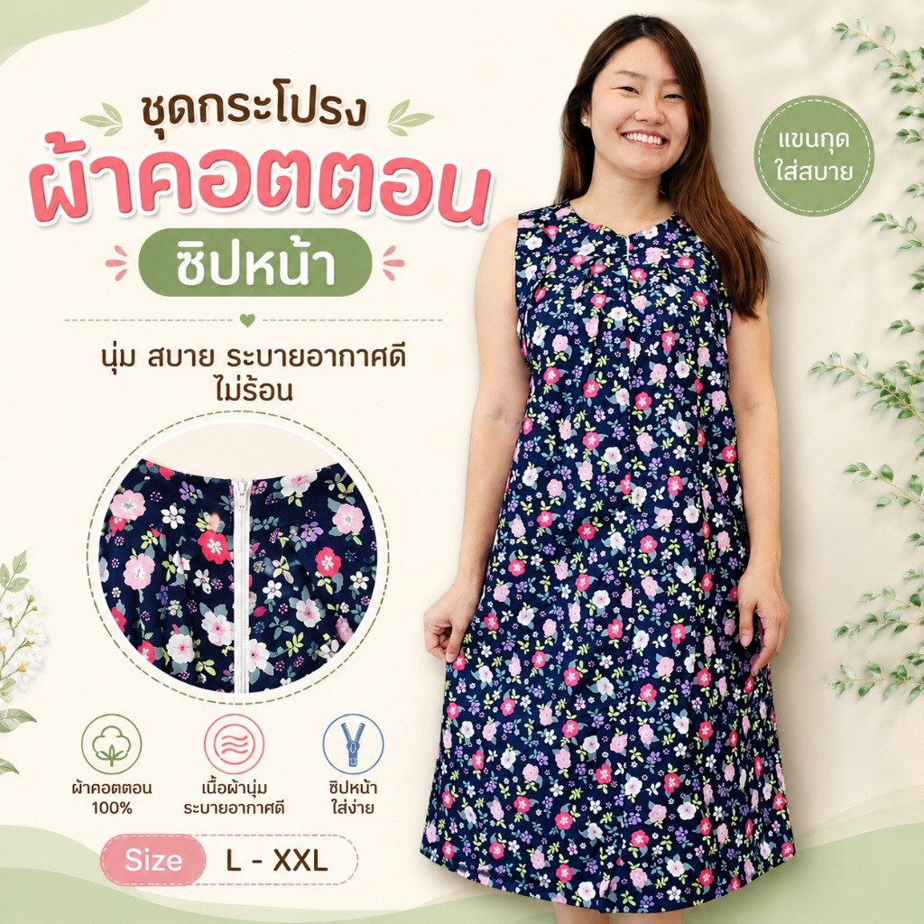 ชุดนอนกระโปรงแขนกุดฝันหวาน Funwhan ผ้าคอตต้อน รอบอก 42-50นิ้ว ชุดคนแก่ ชุดใส่อยู่บ้าน ชุดนอนคนเเก่