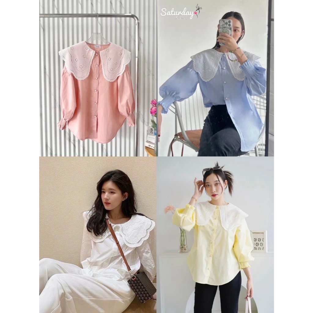 ป้าย Saturday เสื้อเชิ้ตผ้าคอตตอนแต่งปกลูกไม้ หน้าผ้า 44 นิ้ว
