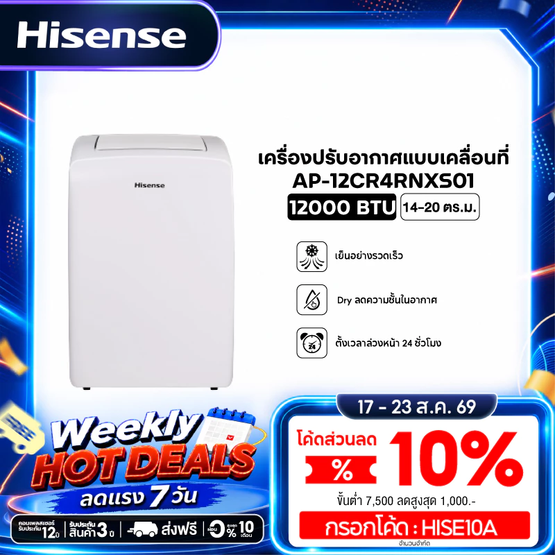 Hisense แอร์เคลื่อนที่ Portable Air Conditioner 12000 BTU หน้าจอแสดงผล LED รุ่น AP-12CR4RNXS0