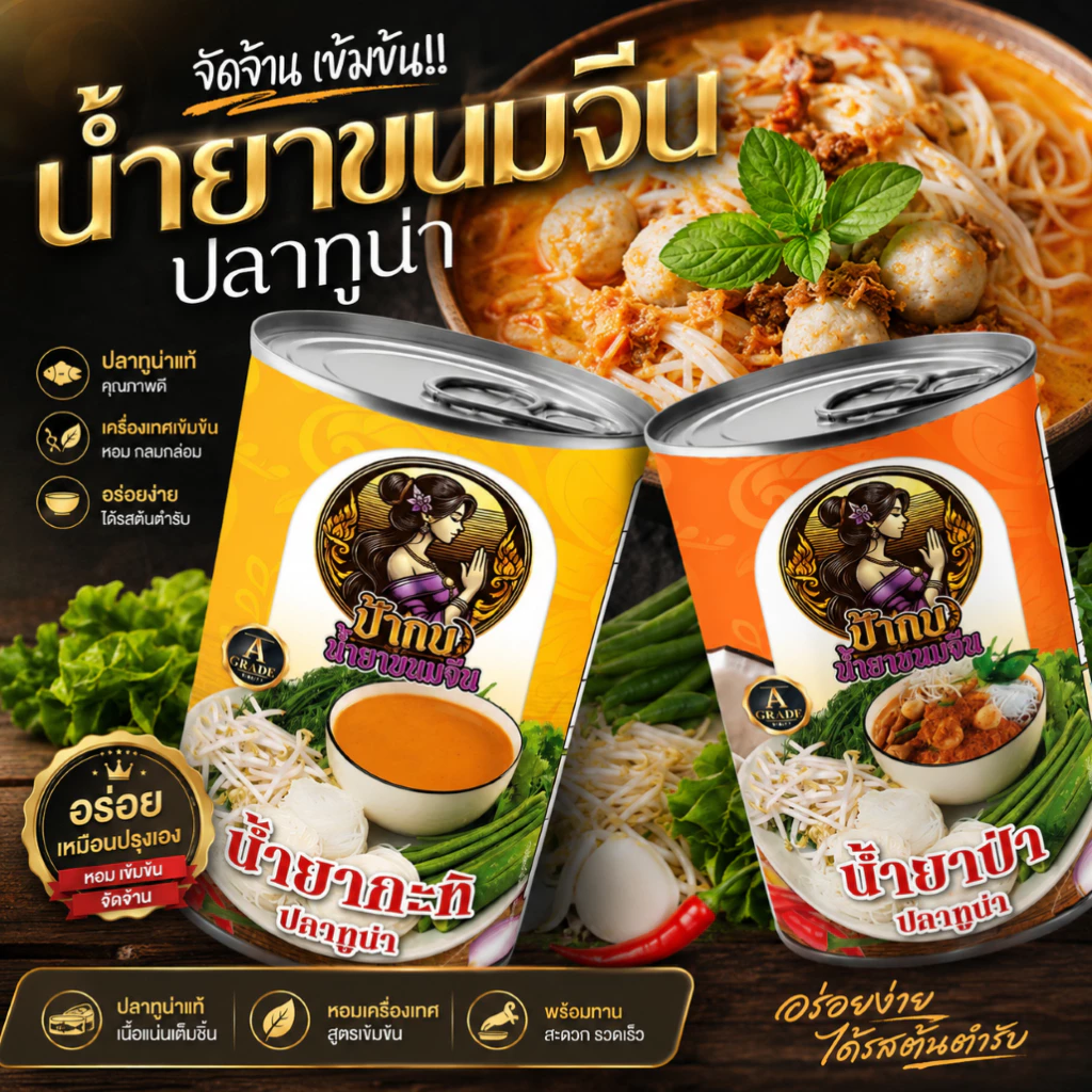 น้ำยาขนมจีน สำเร็จรูปกระป๋องพร้อมทาน รสชาติหอมเครื่องเทศ เก็บได้นาน 3 ปี