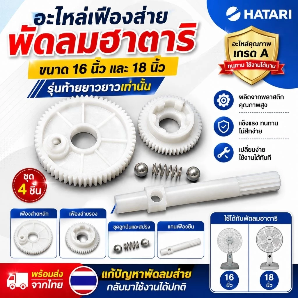 อะไหล่กระปุกส่ายเฟืองพัดลม เฟืองใหญ่ เฟืองเล็ก เเกนเฟือง สปริง ครบชุด รุ่นกระปุกส่ายฮาตาริ16-18นิ้ว รุ่นท้ายยาว