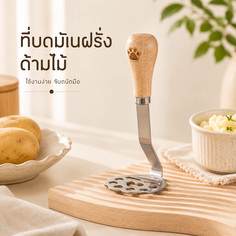 ช้อนบดมันฝรั่ง ที่บดมันฝรั่งลายอุ้งเท้าแมว ด้ามจับไม้ น่ารักใช้งานง่าย บดมัน–อะโวคาโด–ฟักทองได้สบาย