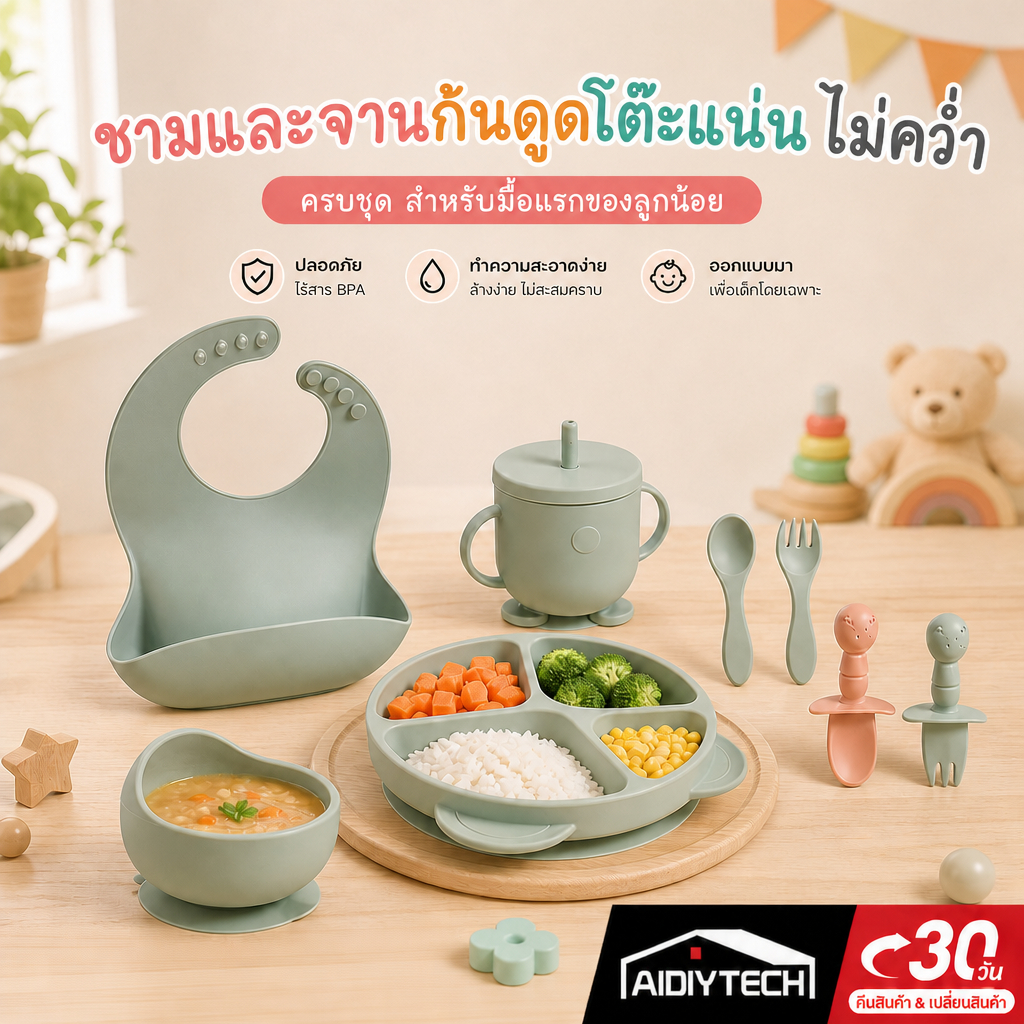 AIDIY ชุดกินข้าวเด็ก จานซิลิโคนเด็ก 8ชิ้น จานดูดโต๊ะแน่นไม่คว่ำ ปลอดสาร BPA ซิลิโคน Food Grade อุปกรณ์ทานอาหารเด็ก BLW