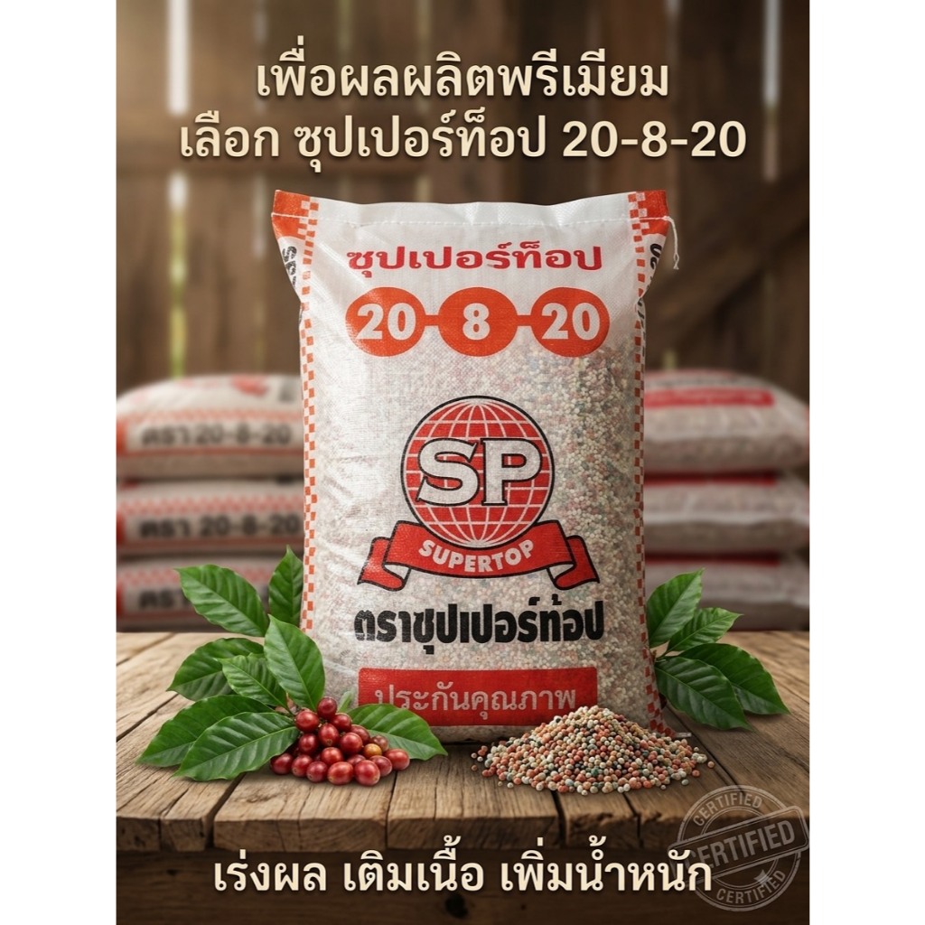 (1กระสอบ=50กิโล)ปุ๋ยซุปเปอร์ท๊อป สูตร 20-8-20ช่วยเร่งการเจริญเติบโต บำรุงต้น ใบ และเพิ่มผลผลิต ขยายขนาดผลและเมล็ด