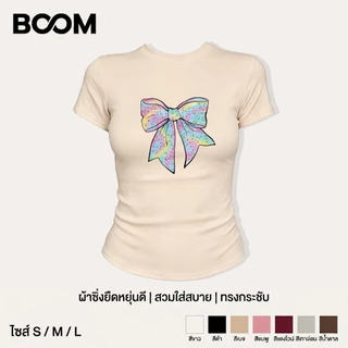 COD เสื้อเบบี้ที Y2K สไตล์เกาหลี แฟชั่น ผู้หญิง พิมพ์ลายโบว์สีรุ้ง แขนสั้น ทรงกระชับ แสดงรูปร่าง ใส่สบาย BOOM