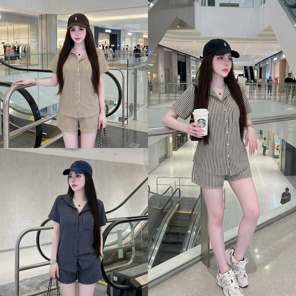 ชุดเซ็ทเชิ้ตแขนสั้น+ขาสั้น ลายริ้ว (ริ้ว333)