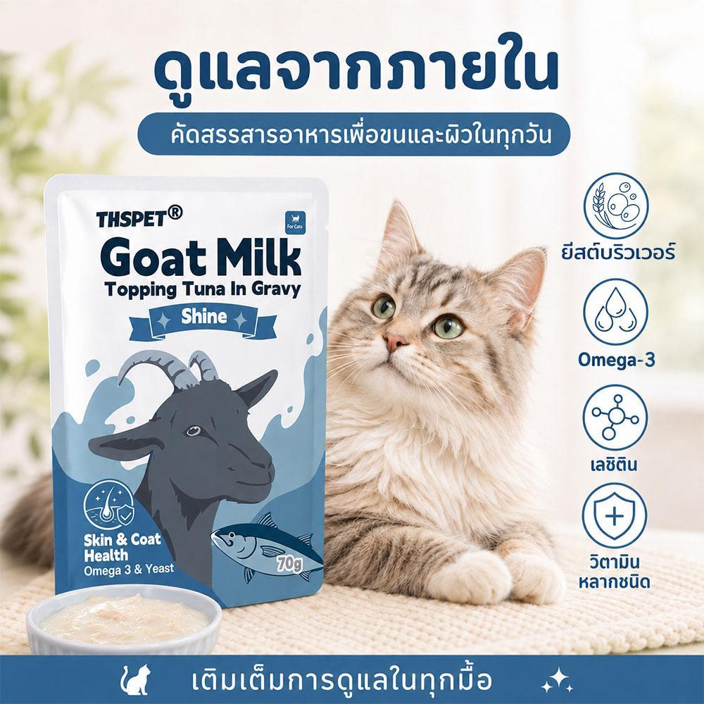 THSPET Goat Milk Shine ขนมแมวเลีย ท็อปปิ้งทูน่า นมแพะ บำรุงขนเงางาม โอเมก้า3 อาหารเปียกแมว 70g