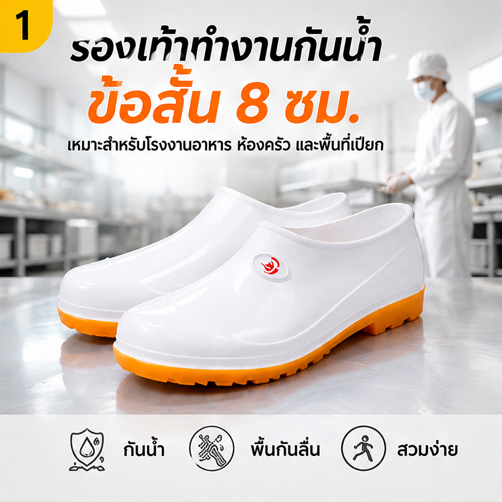 รองเท้าทำงานกันน้ำสีขาว ข้อสั้น 8 ซม. พื้นกันลื่น สำหรับโรงงานอาหาร ห้องครัว เชฟ ร้านอาหาร และงานทำความสะอาด