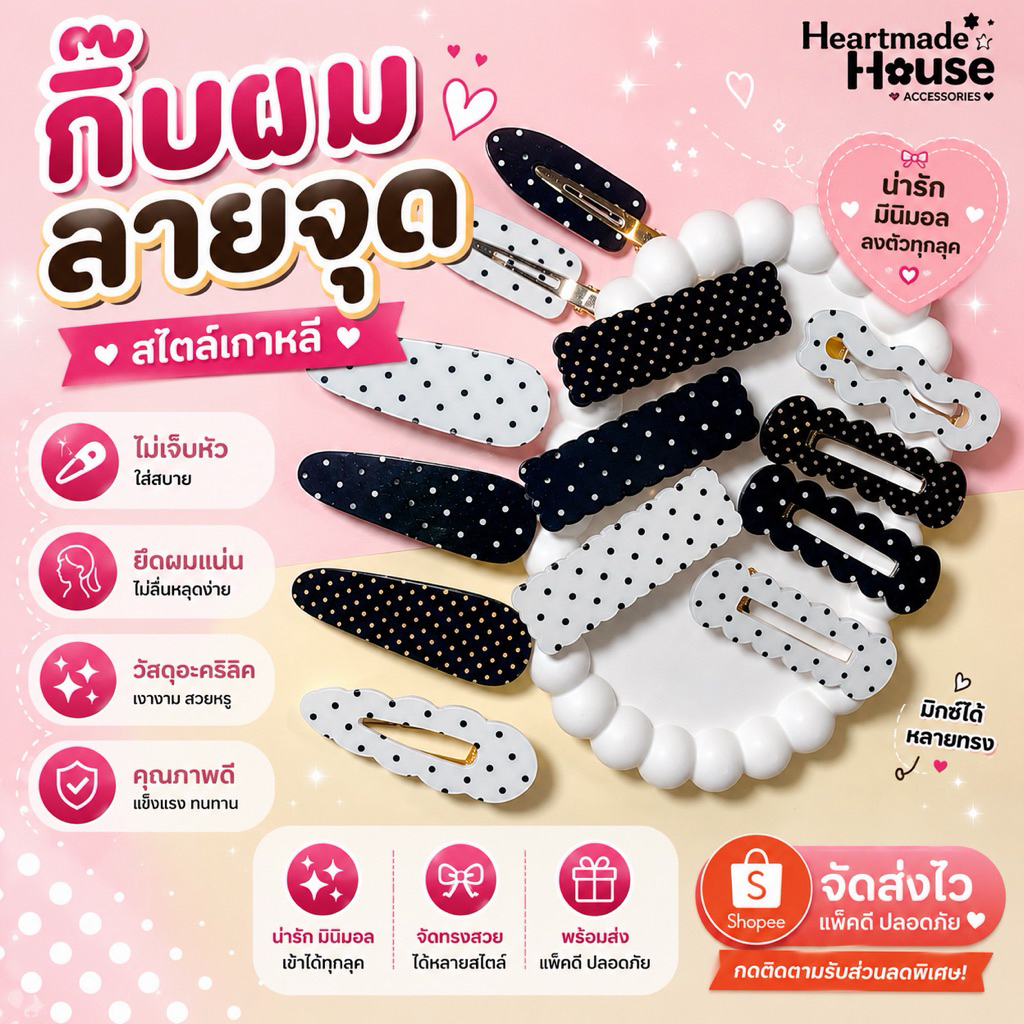 Polka Dots Bow Hair Clip | กิ๊บผมลายจุด สวยหวาน งานเกาหลีคุณภาพดี