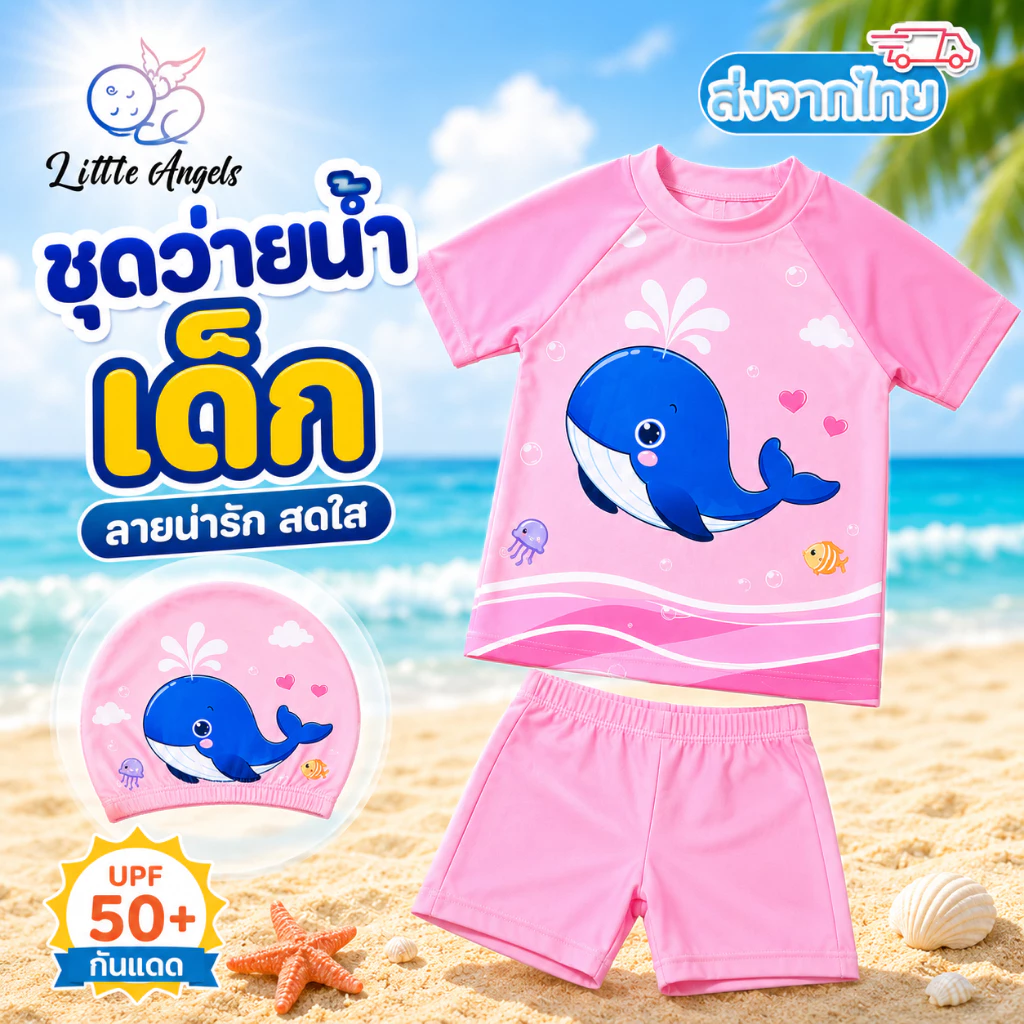 ชุดว่ายน้ำเด็ก 3 ชิ้น แบบแยกชิ้น เสื้อ+กางเกง+หมวก ลายการ์ตูน ผ้านุ่ม แห้งเร็ว กันแดด เล่นน้ำ ทะเล สระว่ายน้ำ