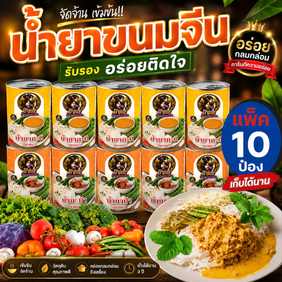 น้ำยาขนมจีน น้ำยากะทิ น้ำยาป่า สำเร็จรูปกระป๋องพร้อมทาน รสชาติหอมเครื่องเทศ อร่อยมาก เก็บได้นาน 3 ปี 10 ป๋อง