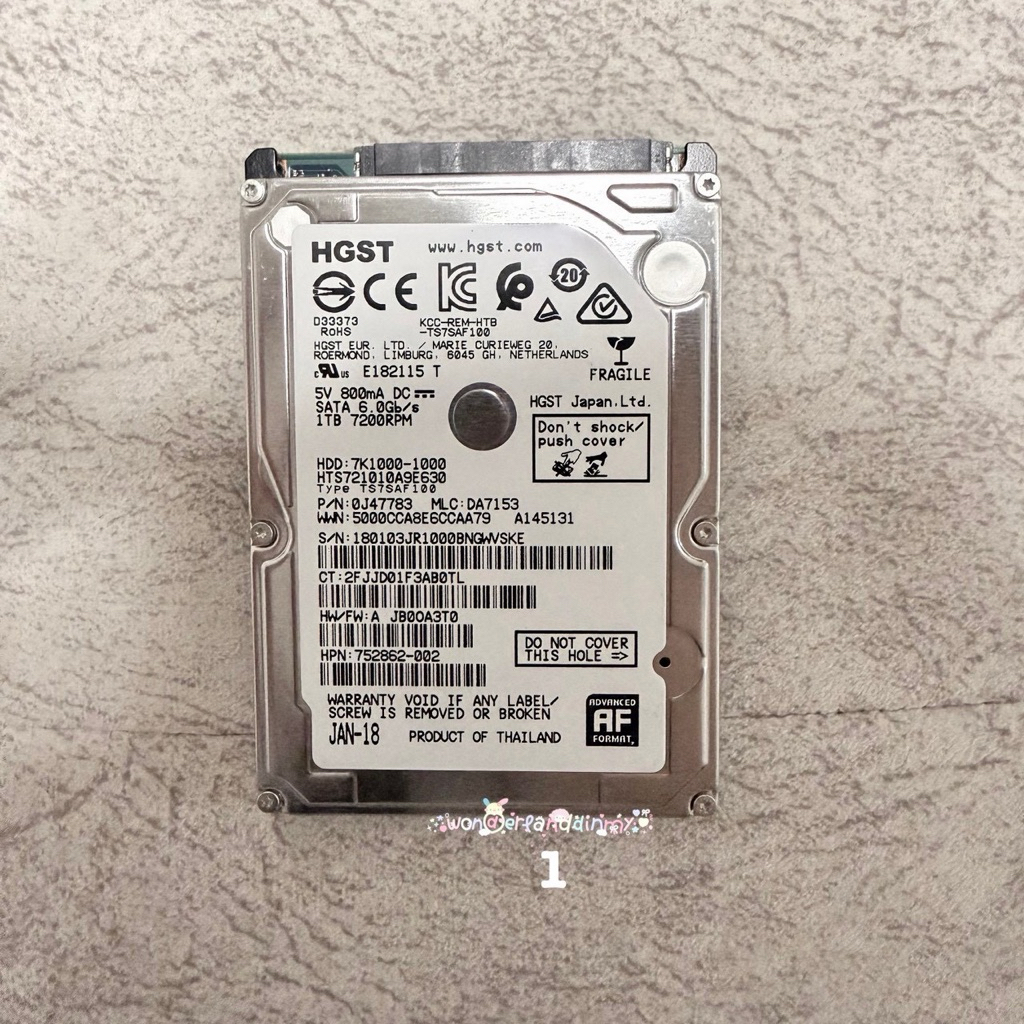 ฮาร์ดดิสก์(Hard Disk) 2.5" HGST มือสอง 1TB. มีผลตรวจสอบจาก CrystalDiskInfo (1)