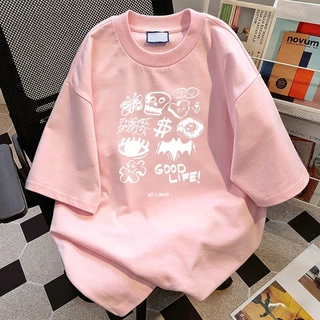 CODเสื้อโซโลน่า oversize สไตล์เกาหลี ผู้หญิง พิมพ์ลายกราฟฟิตี้หัวโครงรูปต่างๆ ข้อความภาษาอังกฤษ แขนสั้น ทรงกว้าง ใส่สบาย