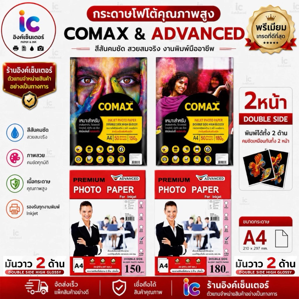 COMAX กระดาษโฟโต้ A4 เงา 2หน้า 150 ,180แกรม กระดาษ เงา2ด้าน กันน้ำ 50แผ่น ปริ้นรูป กระดาษ A4 Photo Inkjet Glossy Paper