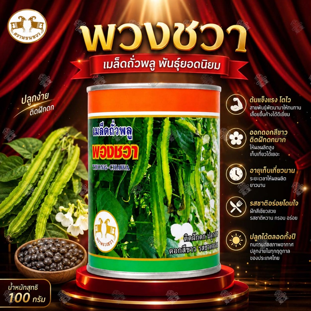 เมล็ดถั่วพู พวงชวา (ขนาด 100 กรัม) พันธุ์แท้ ปลูกง่าย ติดฝักดก รสหวานกรอบ โตไว ปลูกได้ทั้งปี ถั่วพลู