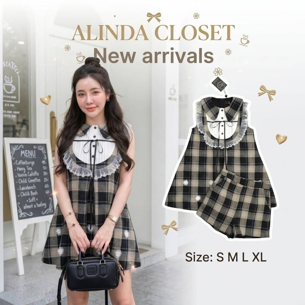 𝘼𝙇𝙄𝙉𝘿𝘼 𝘾𝙇𝙊𝙎𝙀𝙏 ᯓ ★ ชุดเซ็ตมินิเดรสลายสก็อต ซิปหลัง+กางเกงขาสั้นเข้าเซ็ต