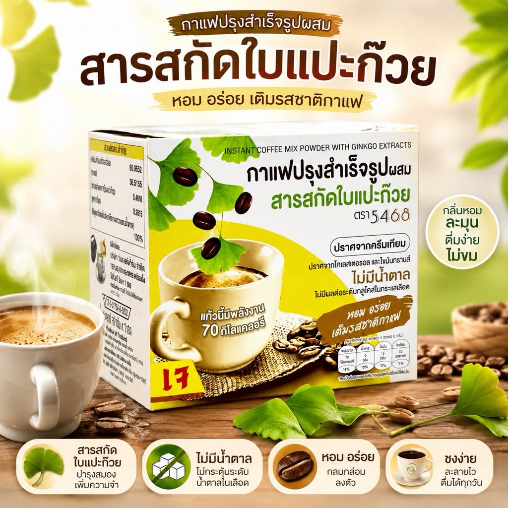 กาแฟสำเร็จรูปผสมใบแปะก๊วยปราศจากครีมเทียมเเละน้ำตาล