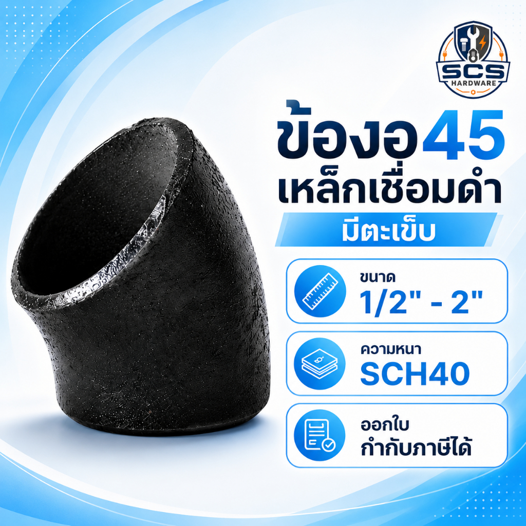 ข้องอเหล็กเชื่อม 45องศา ขนาด 1/2'' - 2นิ้ว ข้องอ45เชื่อมดำ เหล็กดำเชื่อม มีตะเข็บ SCH40 ELBOWS 45° ERW CARBON STEEL
