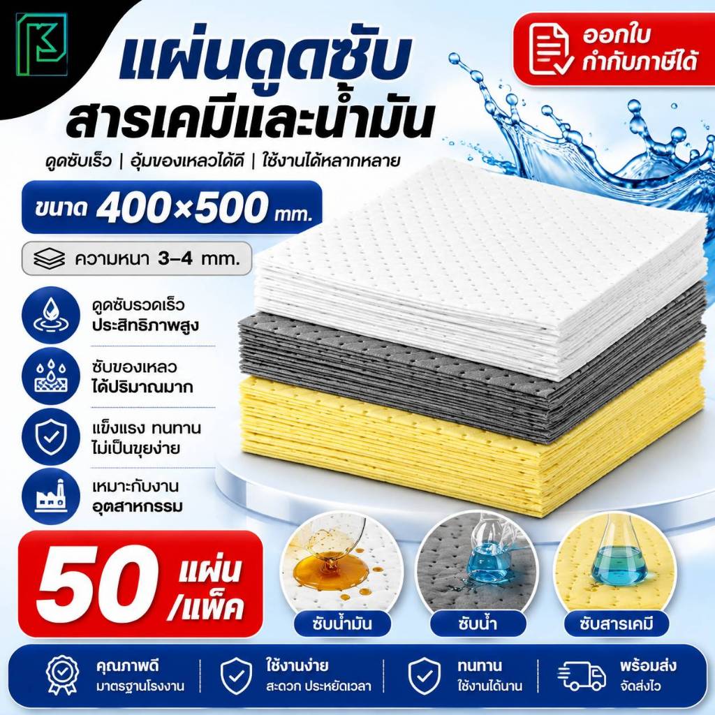 แผ่นดูดซับสารเคมีและน้ำมัน 50ชิ้น/แพ็ค  ** ออกใบกำกับภาษีได้**