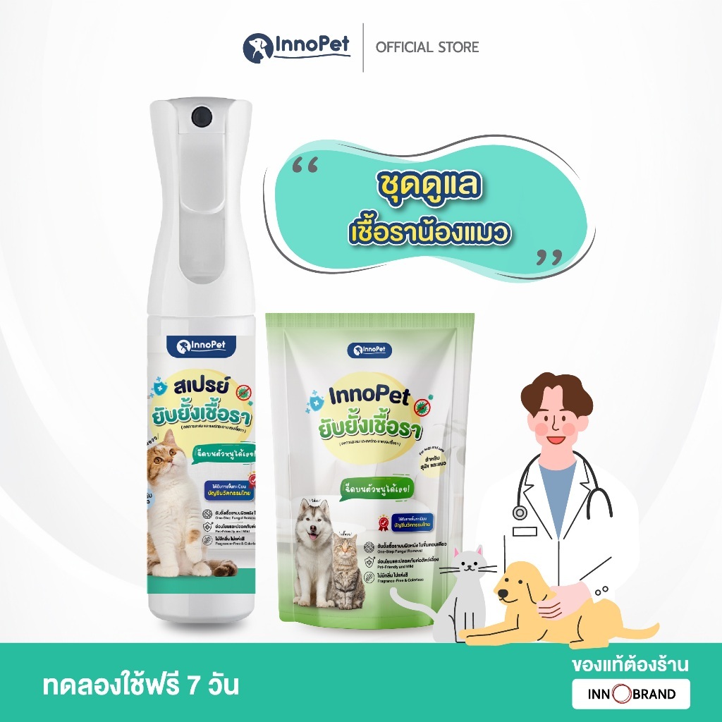 สเปรย์ยับยั้งเชื้อราแมว InnoPet จัดการเชื้อราน้องแมวได้ในขั้นตอนเดียว ลดคัน ลดขนร่วง อ่อนโยน ปลอดภัย ไม่แต่งสีและกลิ่น