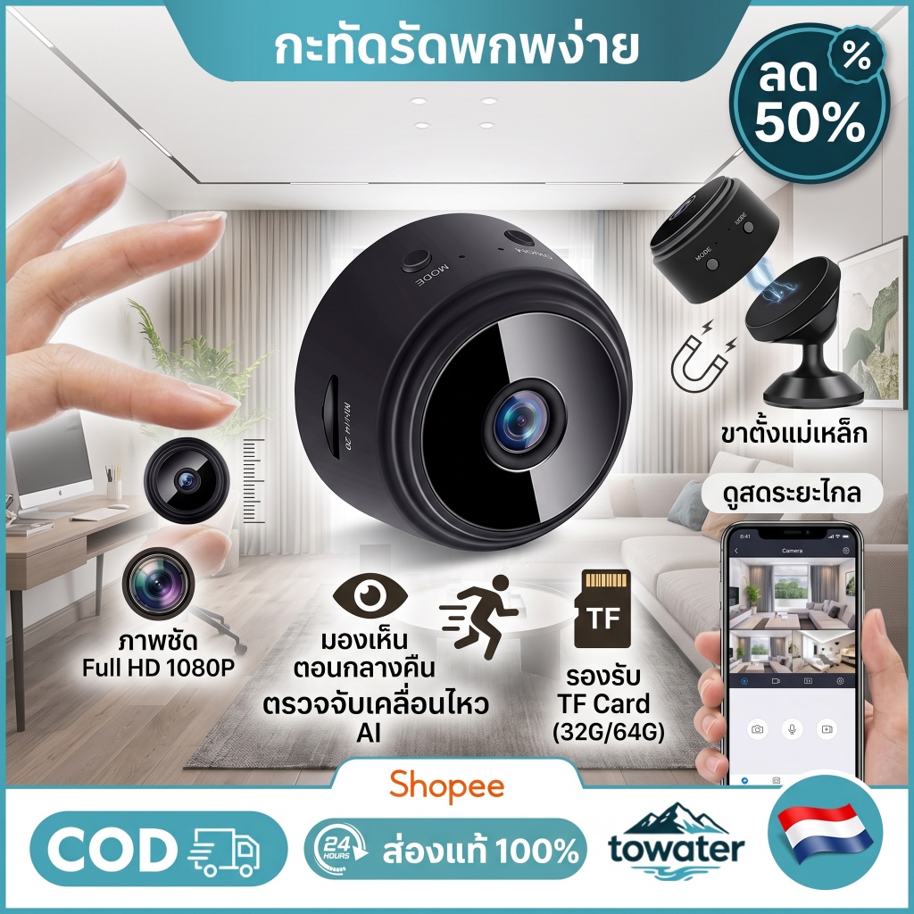 [COD] towater กล้องวงจรปิดจิ๋ว กล้องแอบ กล้องวงจรปิดไร้สาย wifi กล้องไลฟ์สด ไม่ต้องต่อไวไฟก็ดูได้ ดูผ่านมือถือได้