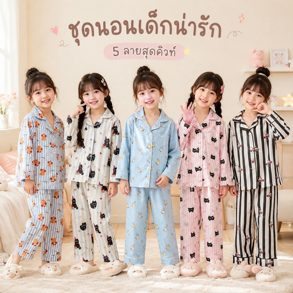 BB372 ชุดนอนเด็กแขนยาวขายาว ลายการ์ตูนน่ารัก กระดุมหน้า ใส่สบาย เด็กชายเด็กหญิง