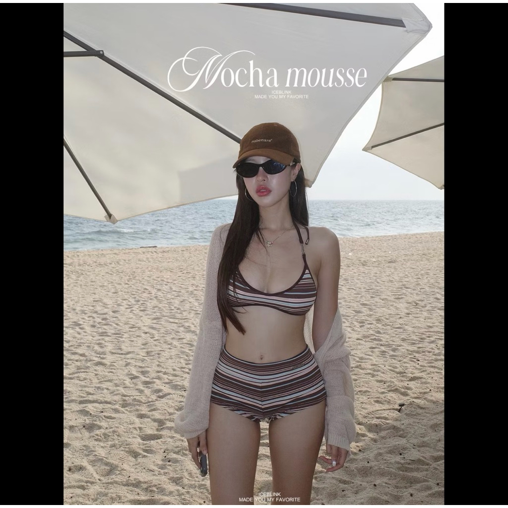**ส่งต่อ** ICEBLINK | Mocha mousse บิกินี่ กางเกงขาสั้นลายทาง swim beachS [Original Design] (สี moch