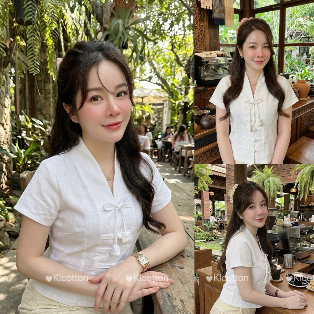 KL COTTON | เสื้อเจ้านางคอวี แต่งกระดุมจีนเรียบหรู ทรงสง่างา
