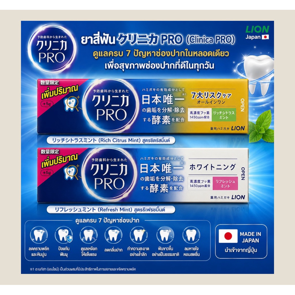 Clinica Pro Toothpaste ยาสีฟันญี่ปุ่น 1450ppm ฟลูออไรด์ สูตร Rich Citrus Mint & Refresh Mint