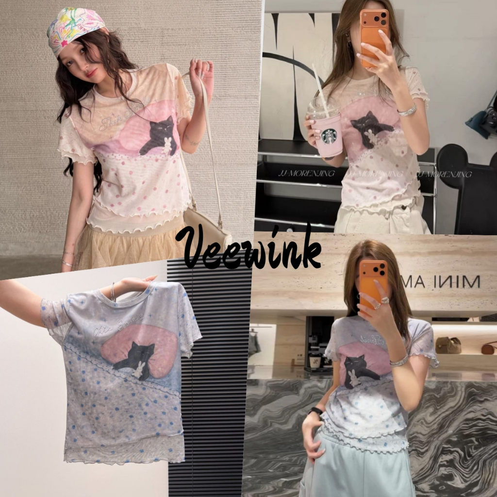 Veewink เสื้อยืดแขนสั้นลายการ์ตูนตาข่าย เนื้อบางเบาเข้ารูป ลดน้ำหนัก แมทช์ง่าย