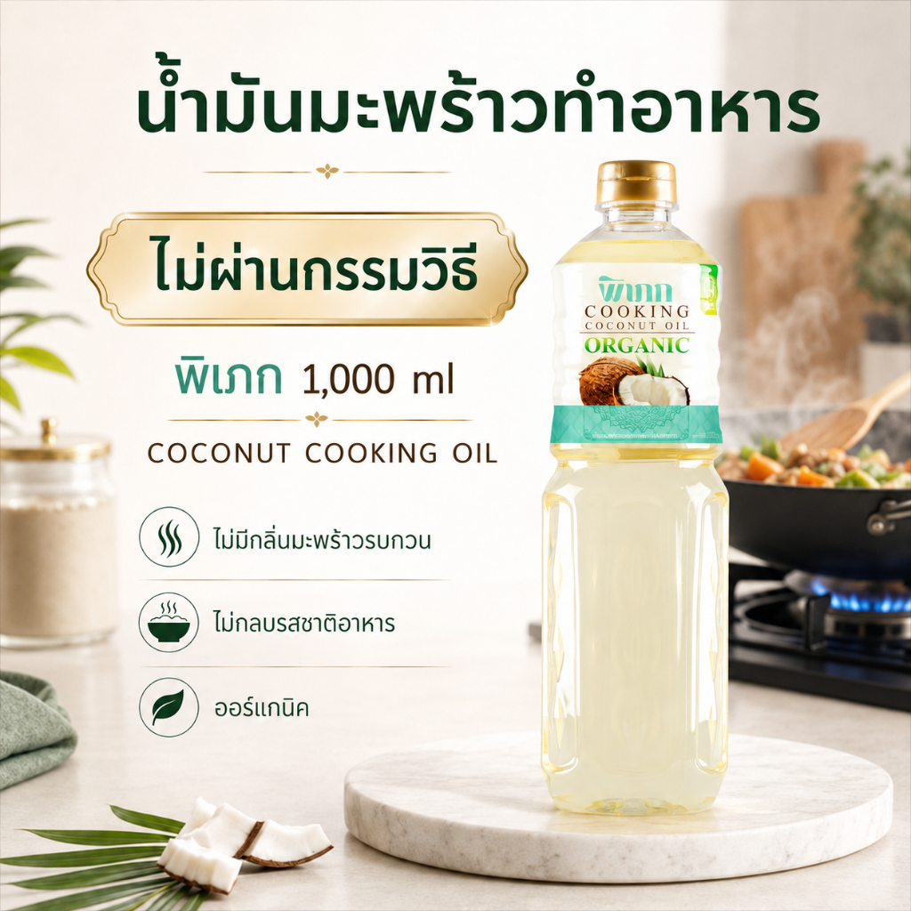 น้ำมันมะพร้าวทำอาหาร พิเภก 1000ml น้ำมันทำอาหารออร์แกนิก ไม่ผ่านกรรมวิธี Coconut Cooking Oil รูปที่ 1