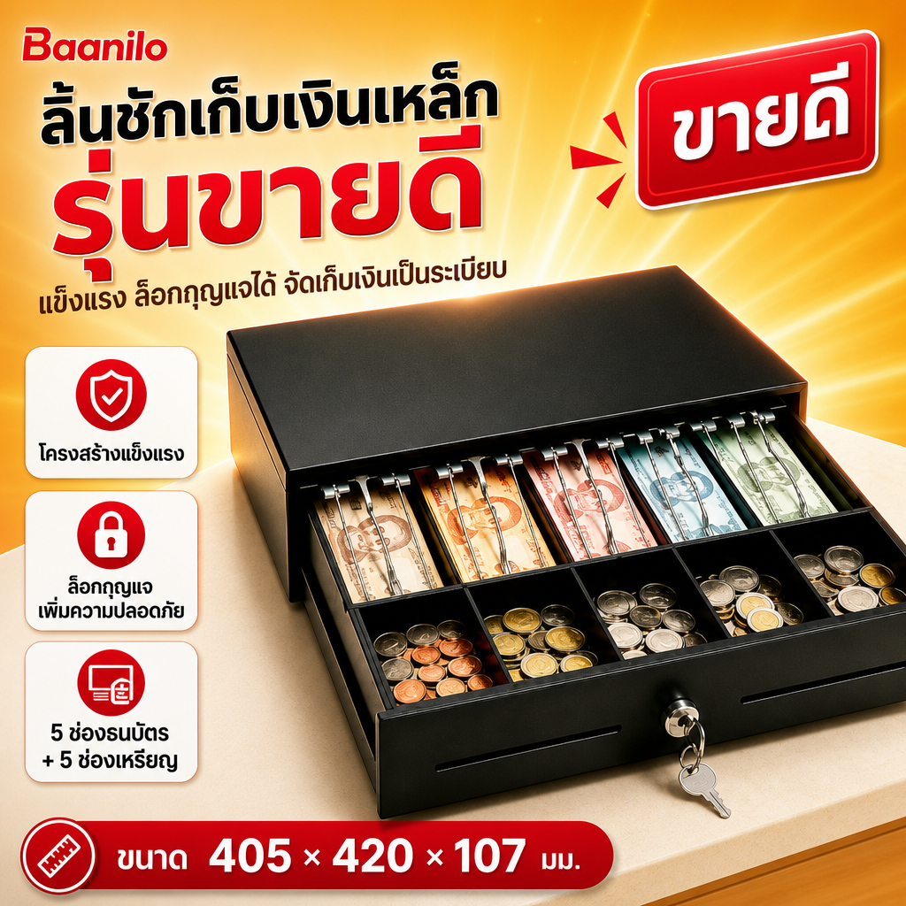 ลิ้นชักเก็บเงิน Cash Drawer POS เครื่องเก็บเงิน ล็อกกุญแจ 5ช่องธนบัตร 5ช่องเหรียญ อัตโนมัติ