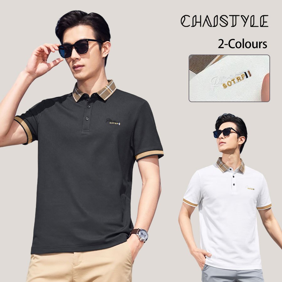 Chaistyle เสื้อโปโลผู้ชาย เสื้อแขนสั้น คอปกลายตาราง ต่อผ้า สีตัดกัน การออกแบบลายปัก ผ้าระบายอากาศ เหมาะสำหรับใส่ธุรกิจ