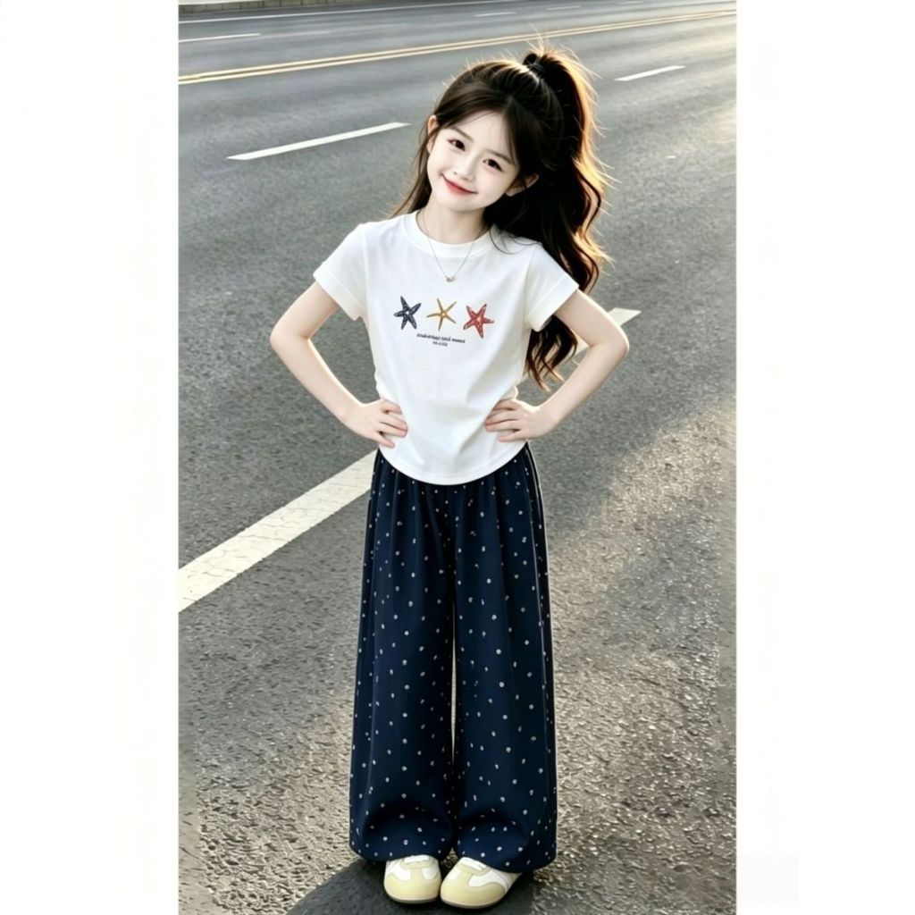 ชุดลำลองสำหรับเด็กผู้หญิงสไตล์เกาหลีใหม่ล่าสุด สำหรับฤดูร้อน ประกอบด้วย เสื้อยืดลายการ์ตูน และกางเกงขายาวลายจุดกันยุง (ช